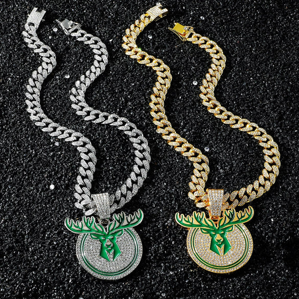 Men's Zinc Alloy Hiphop Style Animal Zodiac Disc Deer Head Pendant Necklace With Electroplating And Cuban Chain