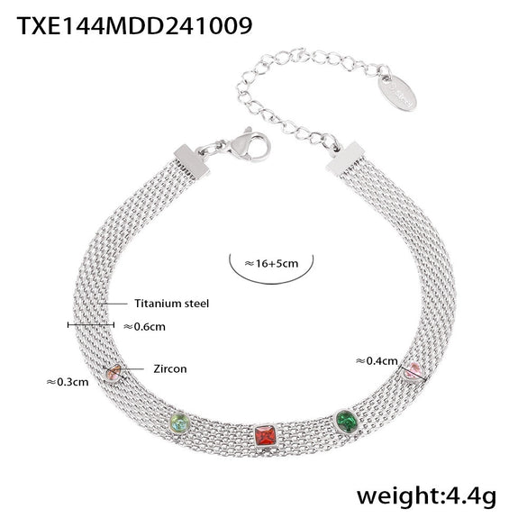 Mesh Chain Webbing Geometric Colorful Zircon Necklace Bracelet Set Titanium Steel Pvd Electroplating Nonfading Jewelry For Women