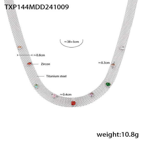 Mesh Chain Webbing Geometric Colorful Zircon Necklace Bracelet Set Titanium Steel Pvd Electroplating Nonfading Jewelry For Women