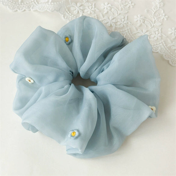 Mesh Handmade Colorful Embroidered Small Flower Scrunchie Hair Accessory For Women