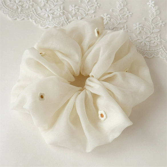 Mesh Handmade Colorful Embroidered Small Flower Scrunchie Hair Accessory For Women