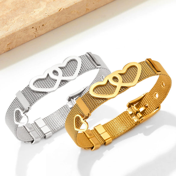 Mesh Stainless Steel Couple Love Bracelet With Heart Pattern Electroplated Treatment
