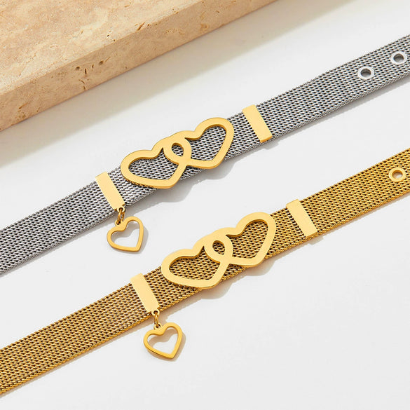 Mesh Stainless Steel Couple Love Bracelet With Heart Pattern Electroplated Treatment