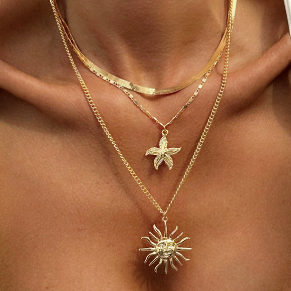 Metal Alloy Geometric Hiphop Electroplated Snake Bone Chain Women's Sunflower Starfish Pendant Clavicle Necklace