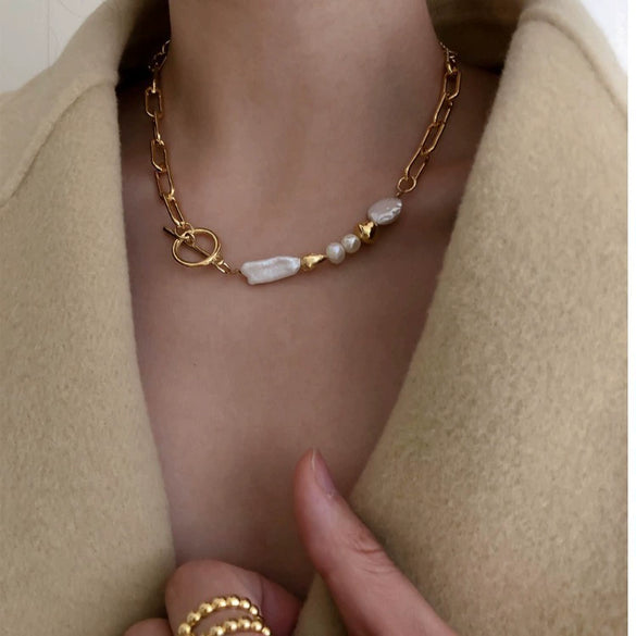 Metal Baroque Pearl Splicing Geometric Bead Chain Necklace For Women