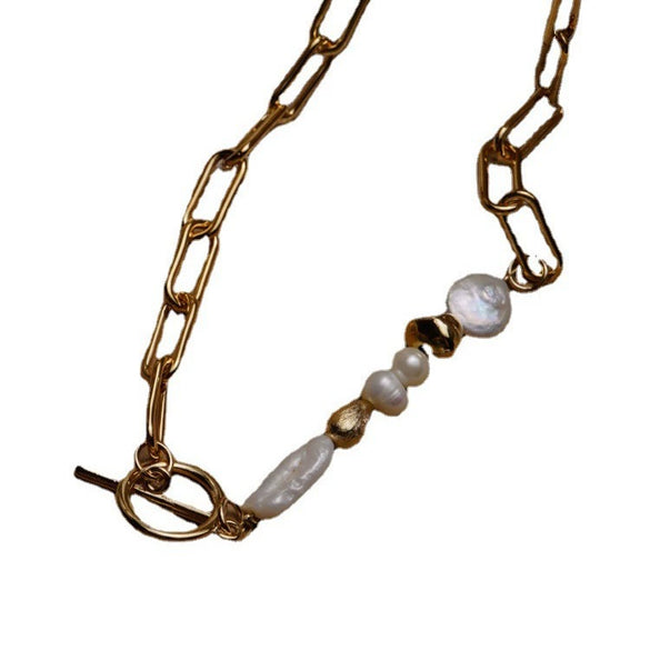 Metal Baroque Pearl Splicing Geometric Bead Chain Necklace For Women