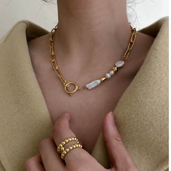 Metal Baroque Pearl Splicing Geometric Bead Chain Necklace For Women