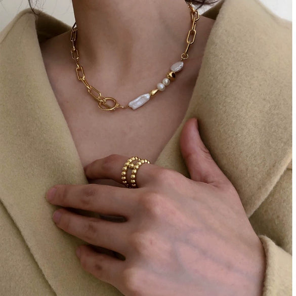 Metal Baroque Pearl Splicing Geometric Bead Chain Necklace For Women