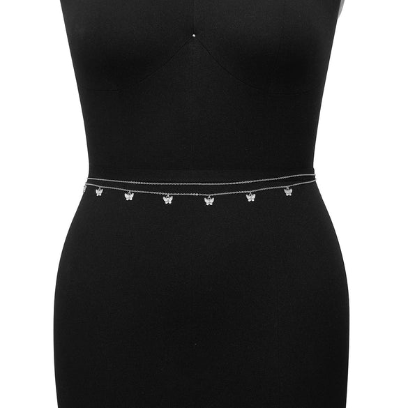 Metal Body Chain For Women With Double Circle Small Butterfly Tassel Simple Style