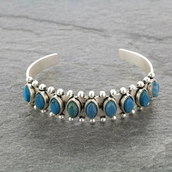 Metal Bohemian Style Turquoise Open Electroplated Bracelet With Retro Pattern For Female