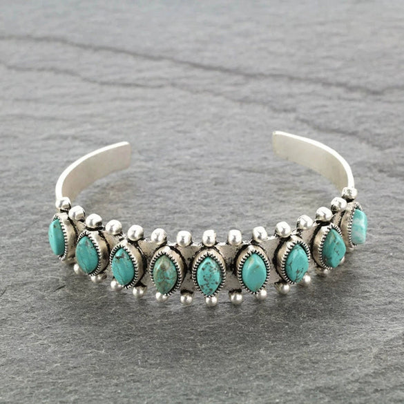 Metal Bohemian Style Turquoise Open Electroplated Bracelet With Retro Pattern For Female