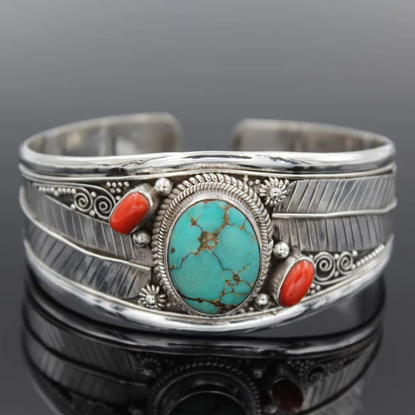 Metal Bohemian Style Turquoise Open Electroplated Bracelet With Retro Pattern For Female