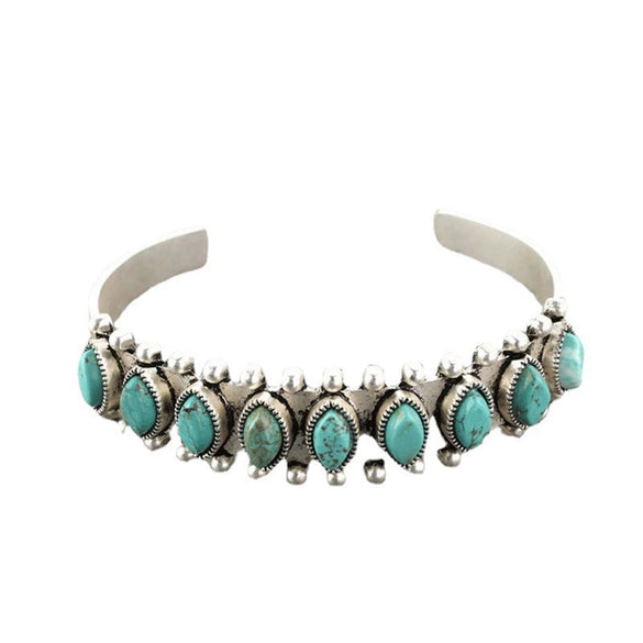 Metal Bohemian Style Turquoise Open Electroplated Bracelet With Retro Pattern For Female