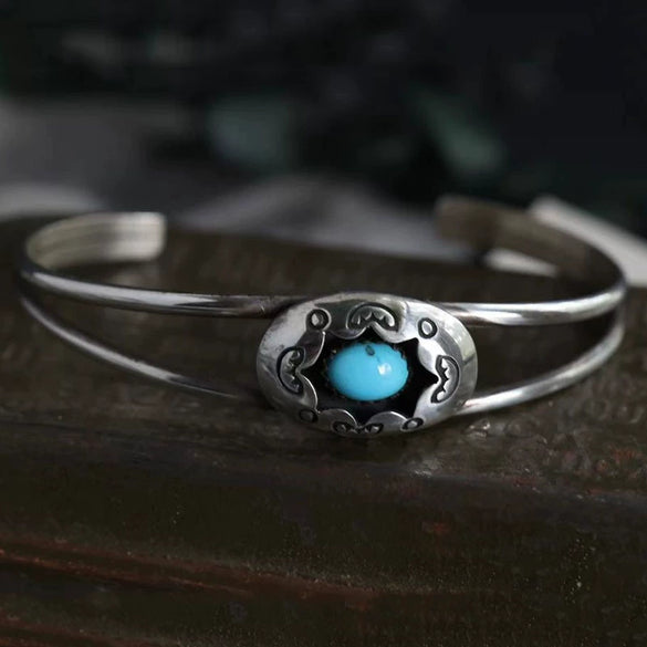 Metal Bohemian Style Turquoise Open Electroplated Bracelet With Retro Pattern For Female
