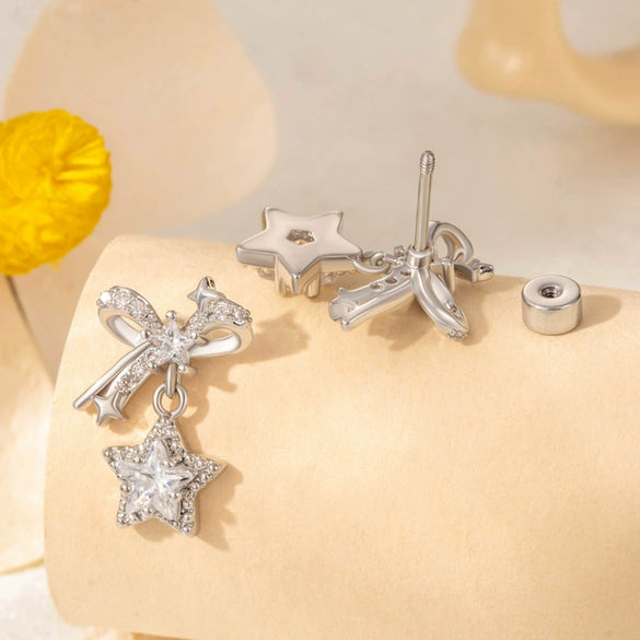 Metal Bow Fivepointed Star Pendant Titanium Steel Ear Nail For Women Electroplated