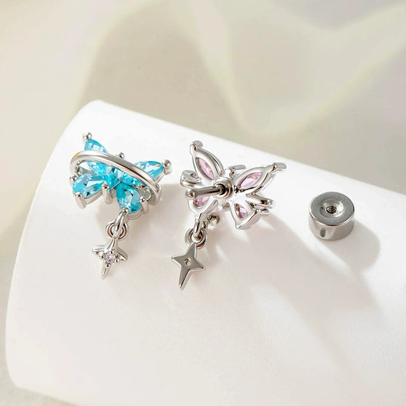 Metal Butterfly Cross Pendant Cartilage Piercing Ear Bone Nail With Zirconia For Women