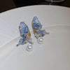 Metal Butterfly Drop Pearl Earrings With Silver Needle Inlaid Glass Beads And Crystal Design