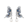 Metal Butterfly Drop Pearl Earrings With Silver Needle Inlaid Glass Beads And Crystal Design