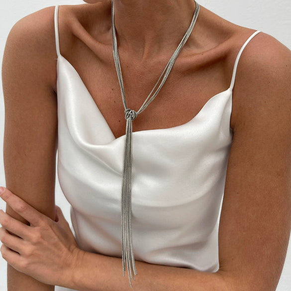Metal Chain Geometric Knotted Tassel Necklace For Women With Electroplating