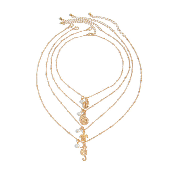 Metal Clavicle Necklace With Conch Shell Imitation Pearl Seahorse Tortoise Animal Zodiac Geometric Electroplated Design