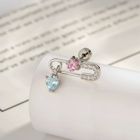 Metal Clip Heart Pendant Cartilage Earrings For Women With Zirconia Fashion Style