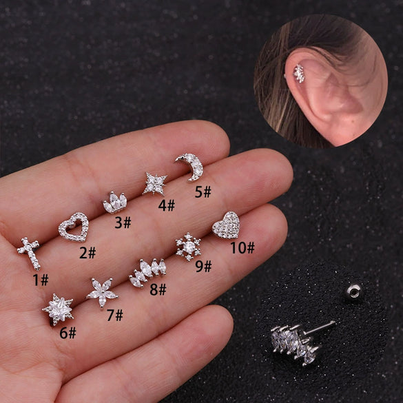 Metal Cross Ear Bone Stud Piercing Screw Earrings With Crown Floral Design Light Luxury Style Electroplated