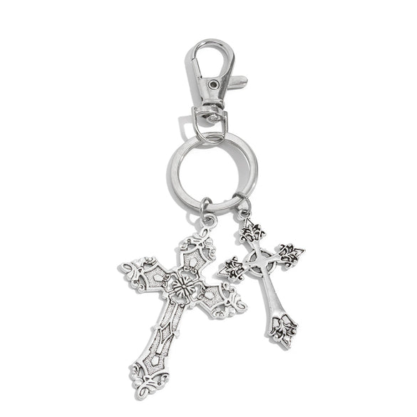 Metal Cross Pendant Keychain With Crown And Roman Numerals Pattern Electroplated For Men