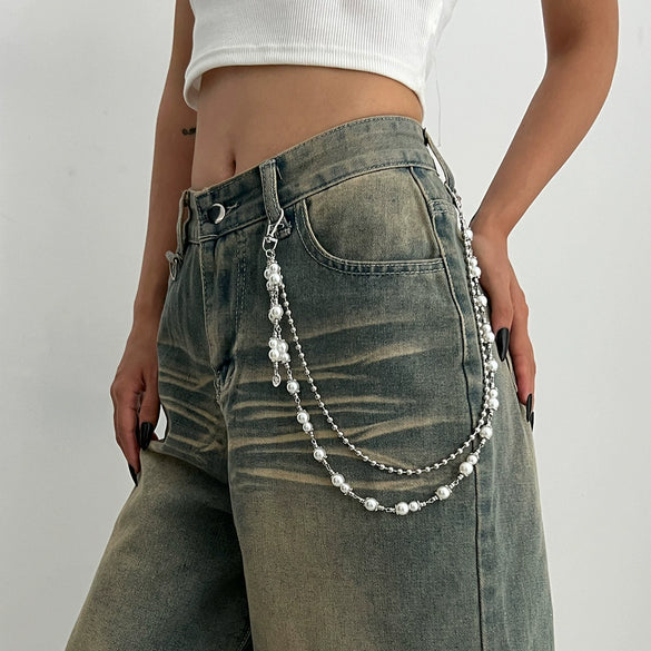 Metal Cross Pendant Pants Chain Punk Style Imitation Pearl Beaded Waist Accessory