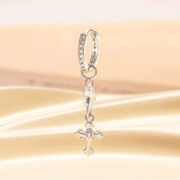 Metal Cross Pendant Tassel Earrings With Zirconia For Women