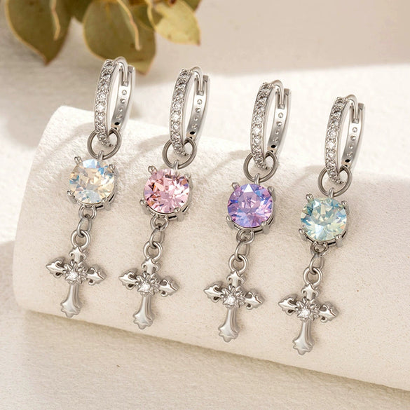 Metal Cross Pendant Women's Earrings With Austrian Round Diamond And Zirconia