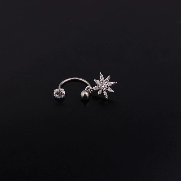 Metal Cshaped Ring Piercing Flower Zircon Pendant Women's Geometric Earrings