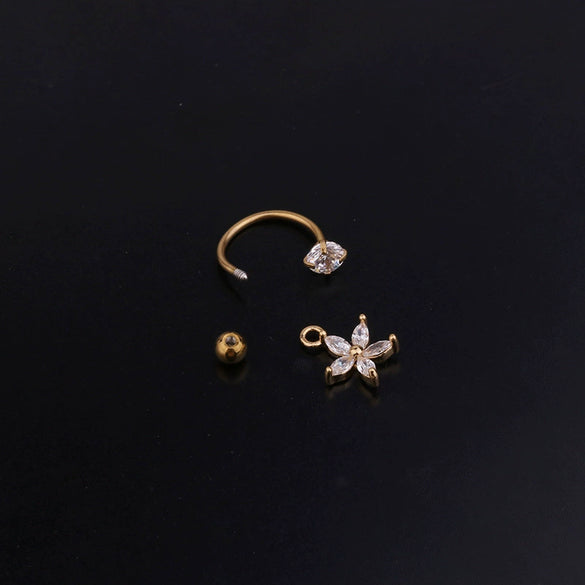 Metal Cshaped Ring Piercing Flower Zircon Pendant Women's Geometric Earrings