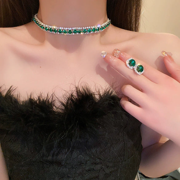 Metal Diamond Inlaid Water Drops And Love Pattern Tassel Necklace And Earrings Twopiece Set For Women With Clavicle Chain
