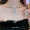 Metal Diamond Inlaid Water Drops And Love Pattern Tassel Necklace And Earrings Twopiece Set For Women With Clavicle Chain