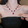 Metal Diamond Inlaid Water Drops And Love Pattern Tassel Necklace And Earrings Twopiece Set For Women With Clavicle Chain