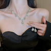 Metal Diamond Inlaid Water Drops And Love Pattern Tassel Necklace And Earrings Twopiece Set For Women With Clavicle Chain