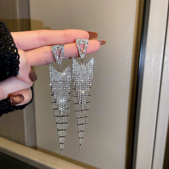 Metal Diamondencrusted Geometric Long Tassel Women's Earrings