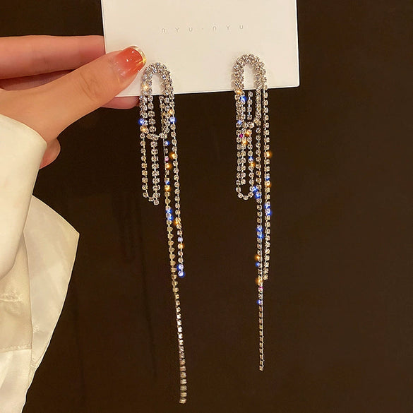 Metal Diamondencrusted Geometric Long Tassel Women's Earrings