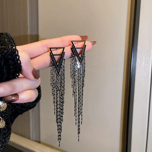 Metal Diamondencrusted Geometric Long Tassel Women's Earrings