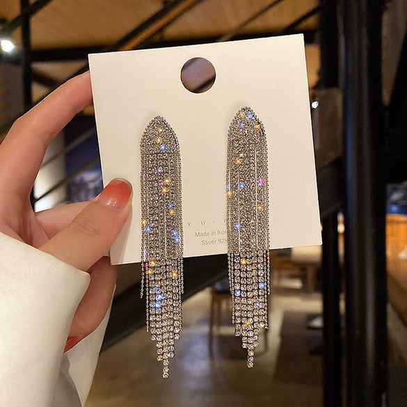 Metal Diamondencrusted Geometric Long Tassel Women's Earrings