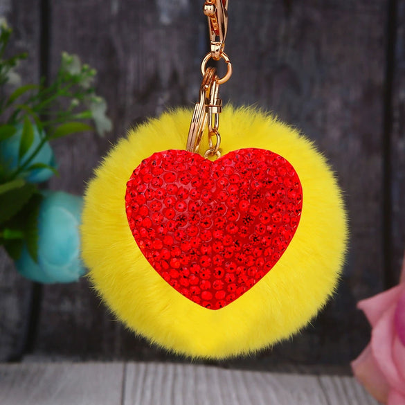 Metal Diamondencrusted Love Fur Ball Women's Car Keychain Bag Pendant