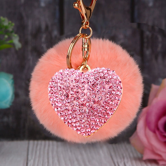 Metal Diamondencrusted Love Fur Ball Women's Car Keychain Bag Pendant