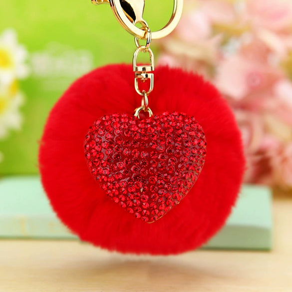 Metal Diamondencrusted Love Fur Ball Women's Car Keychain Bag Pendant