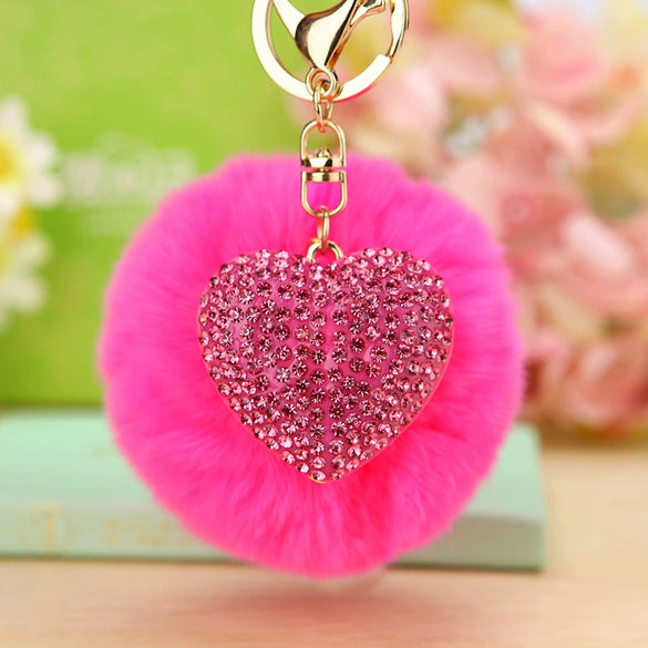 Metal Diamondencrusted Love Fur Ball Women's Car Keychain Bag Pendant