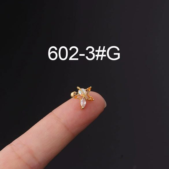 Metal Ear Bone Nail Set With Color Zircon Screw Ball Fine Needle Electroplated Flowers Piercing Earrings