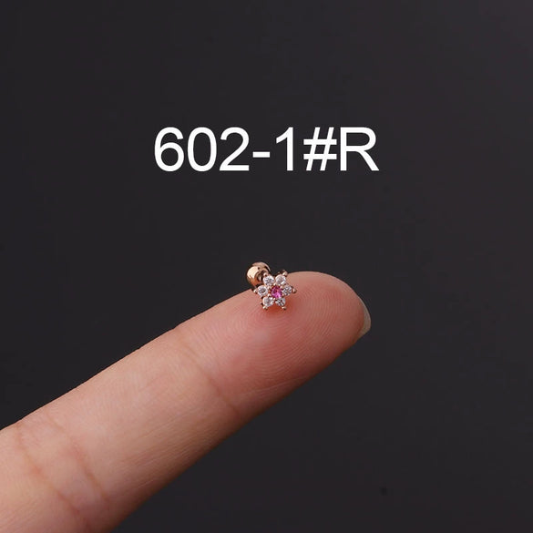 Metal Ear Bone Nail Set With Color Zircon Screw Ball Fine Needle Electroplated Flowers Piercing Earrings