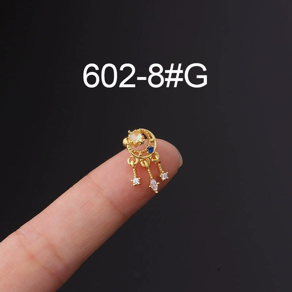 Metal Ear Bone Nail Set With Color Zircon Screw Ball Fine Needle Electroplated Flowers Piercing Earrings