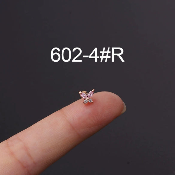 Metal Ear Bone Nail Set With Color Zircon Screw Ball Fine Needle Electroplated Flowers Piercing Earrings