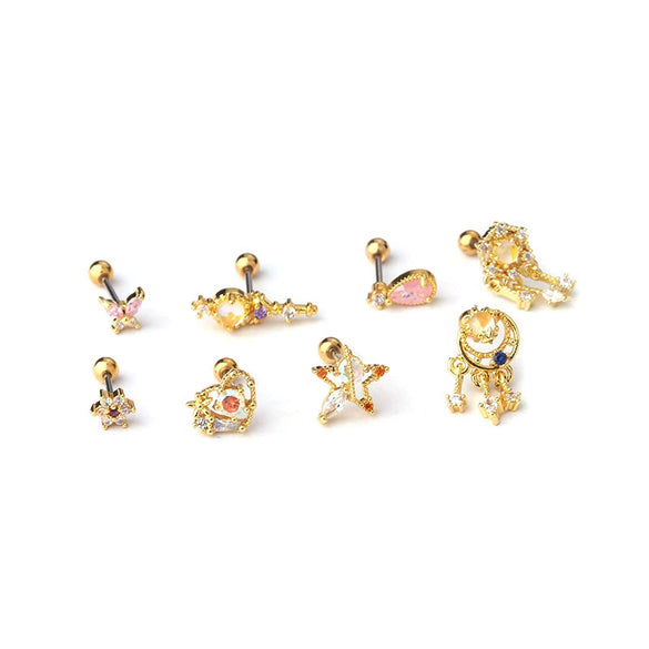 Metal Ear Bone Nail Set With Color Zircon Screw Ball Fine Needle Electroplated Flowers Piercing Earrings