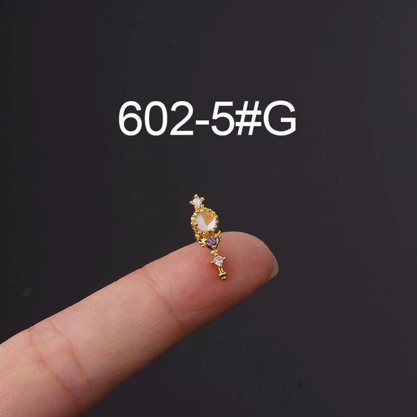 Metal Ear Bone Nail Set With Color Zircon Screw Ball Fine Needle Electroplated Flowers Piercing Earrings